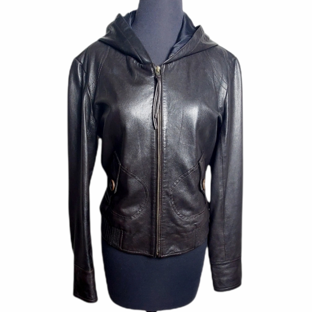 June genuine leather hooded moto jacket dark brown zip front women’s medium